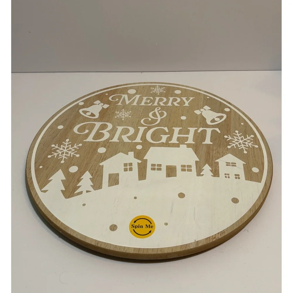 Merry & Bright Christmas Lazy Susan 14 Inch Wooden Rotating Serving Tray White